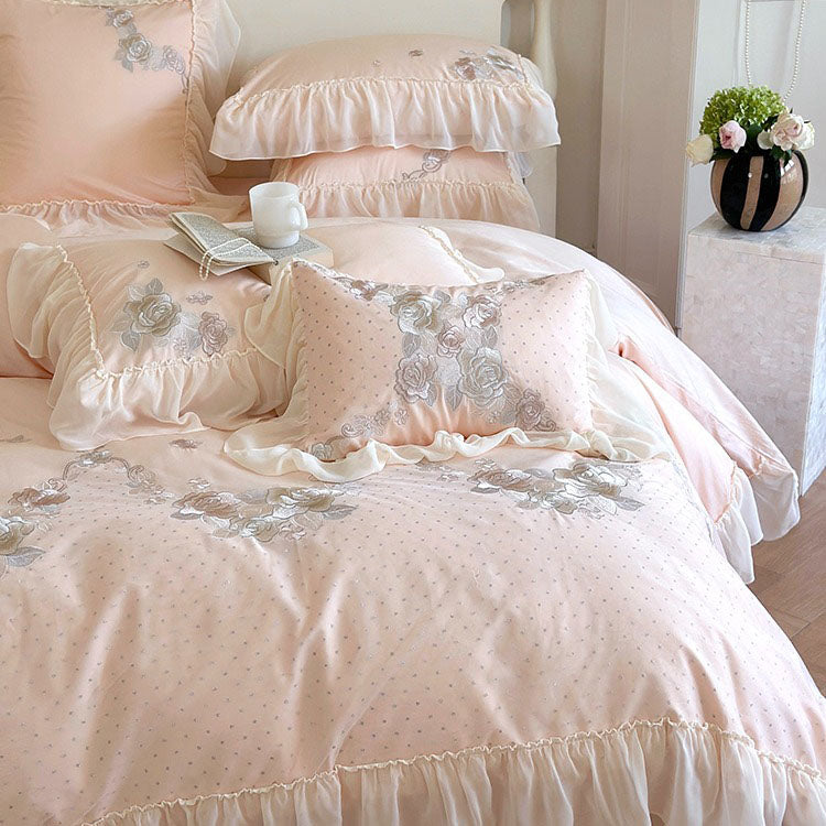 French Princess Cotton Floral Embroidery And Ruffles Four-Piece Bed Set - Harmony Gallery