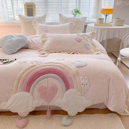 Princess Rainbow Heart Cartoon Cute Coral Velvet Four-Piece Bed