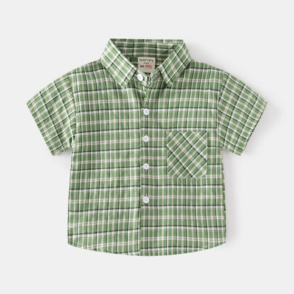 Short-Sleeved Summer Plaid Casual Square Collar Baby Boys Shirt