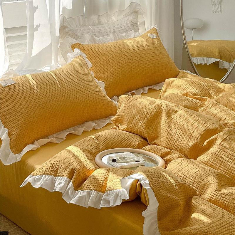 Princess Waffle Four-Piece Pure Cotton Soft Ruffle Bed Set - Harmony Gallery