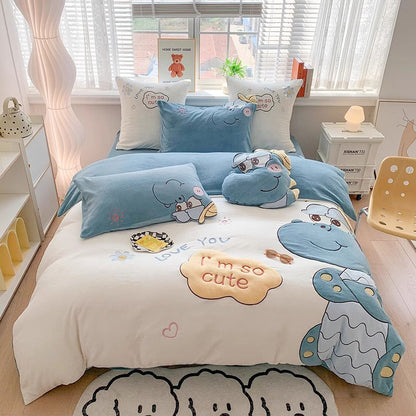 Boy's Dinosaur Cartoon Double-Sided Velvet Winter Four-Piece Bed Set