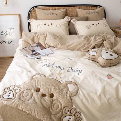 Cartoon Cute Bear Embroidered Pure Cotton Washed Four-Piece Bed Set
