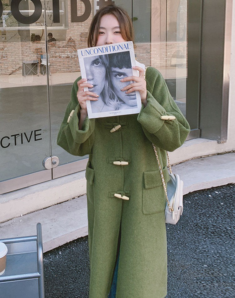 Green Horn Button Woolen Winter Hepburn Thickened Women's Coat - Harmony Gallery