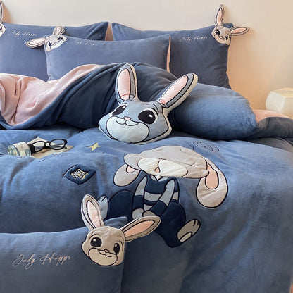Rabbit Police Disney Four-piece Cartoon Winter Velvet Bed Set - Harmony Gallery