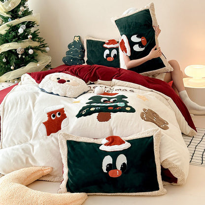 Christmas Tree Cartoon Thickened Warm Four-Piece Coral Velvet Bed Set - Harmony Gallery