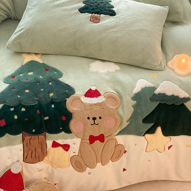Christmas And Winter Four-Piece Coral Velvet Cute Cartoon Bed Set - Harmony Gallery