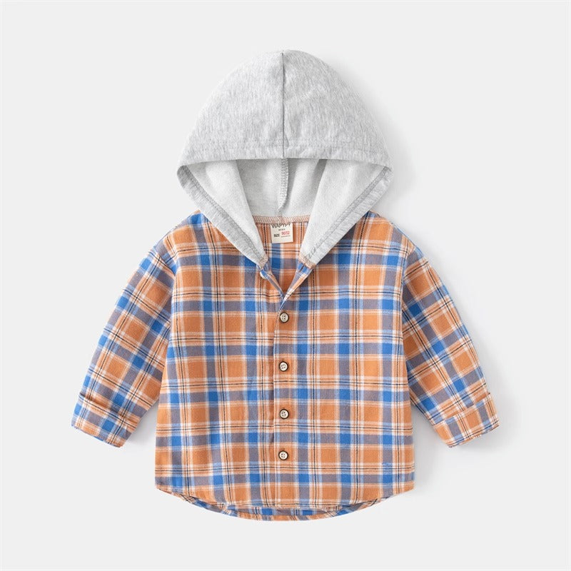 Autumn Plaid Long-Sleeved Hooded Baby Boy's Shirt - Harmony Gallery