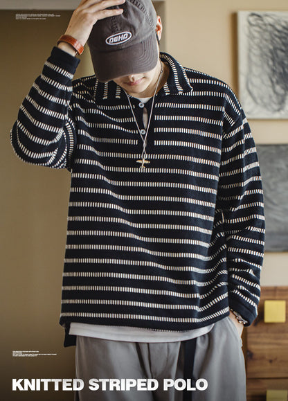 American Striped Knitted Polo Contrast Color Pullover Men's Sweater