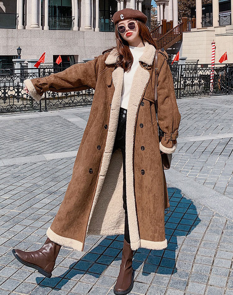 Suede Lamb Wool Cotton Winter Long Fur Integrated Women's Coat