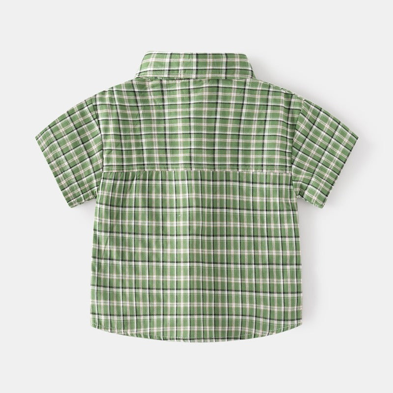 Short-Sleeved Summer Plaid Casual Square Collar Baby Boys Shirt