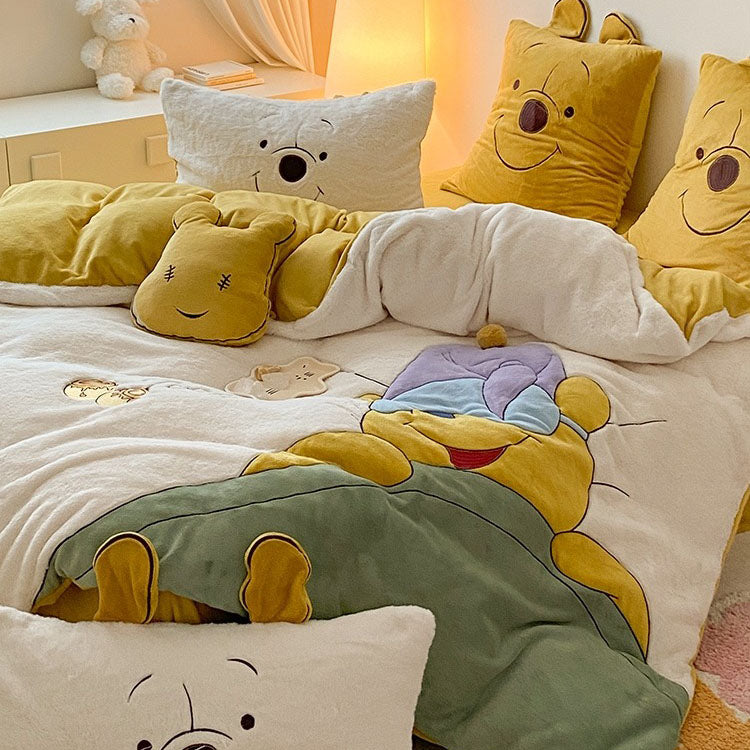 Winnie The Pooh Thickened Coral Velvet Winter Four-Piece Bed Set - Harmony Gallery