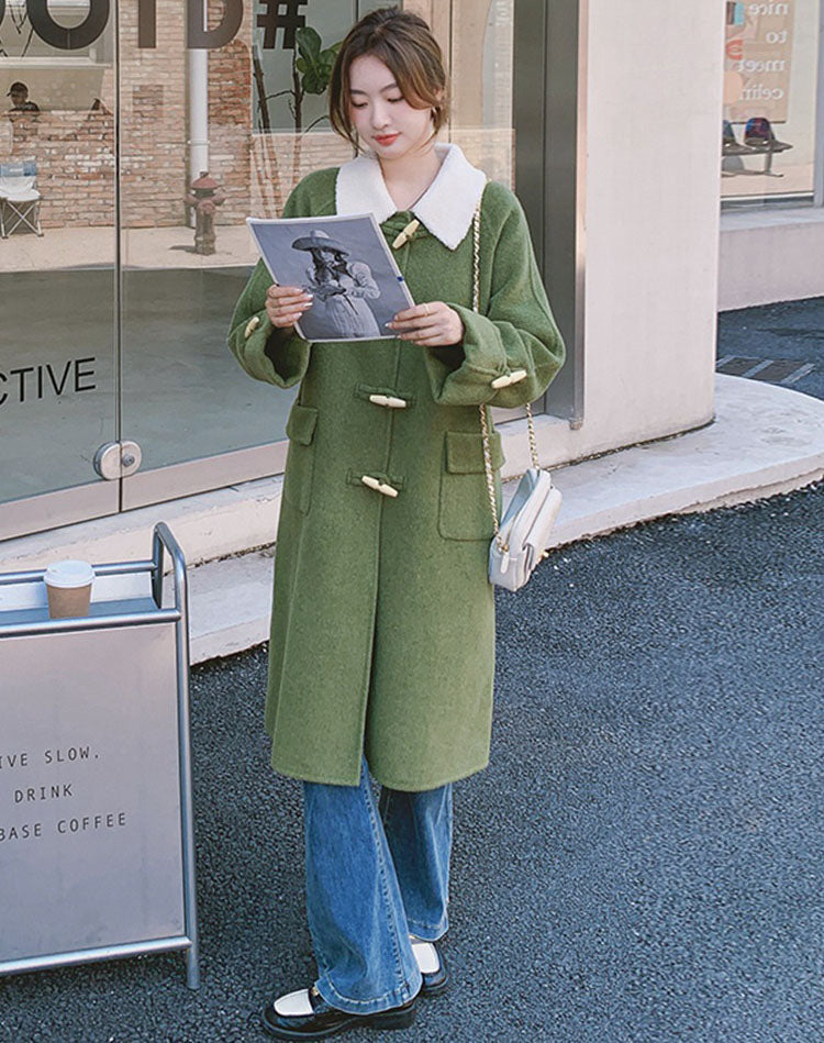 Green Horn Button Woolen Winter Hepburn Thickened Women's Coat - Harmony Gallery