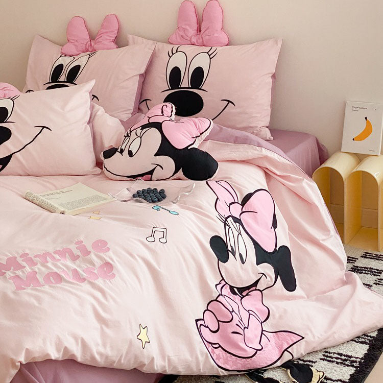 Mickey and Minnie Mouse Cartoon Washed Cotton Four Piece Bed Set