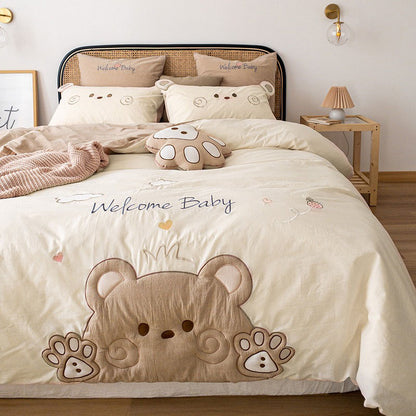 Cartoon Cute Bear Embroidered Pure Cotton Washed Four-Piece Bed Set