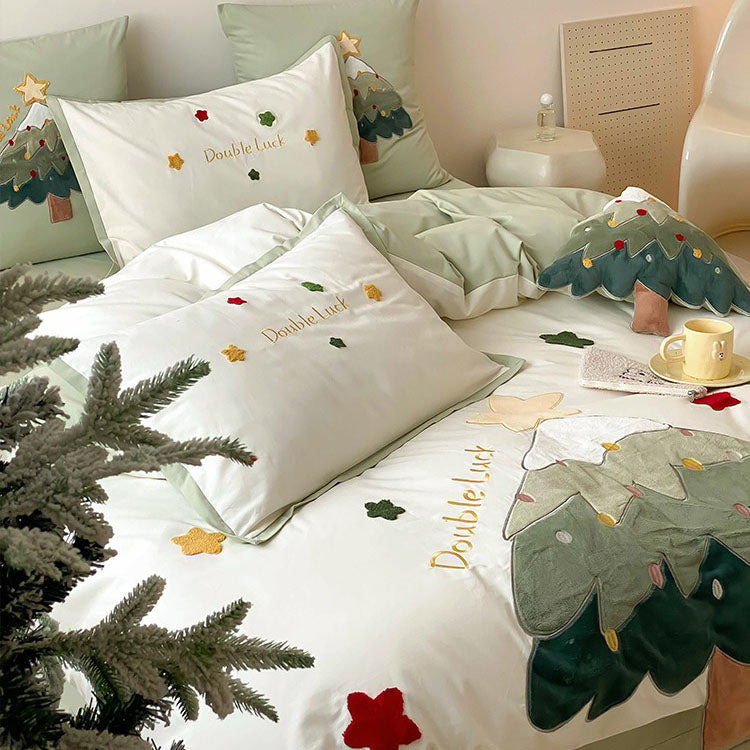 Wish Tree Brushed Towel Embroidered Cotton Warm Four-Piece Bed Set
