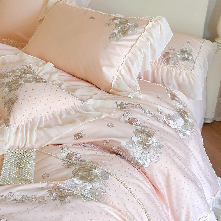French Princess Cotton Floral Embroidery And Ruffles Four-Piece Bed Set