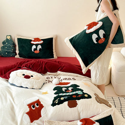 Christmas Tree Cartoon Thickened Warm Four-Piece Coral Velvet Bed Set