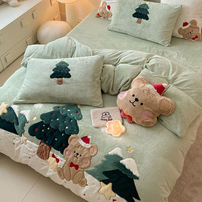 Christmas And Winter Four-Piece Coral Velvet Cute Cartoon Bed Set