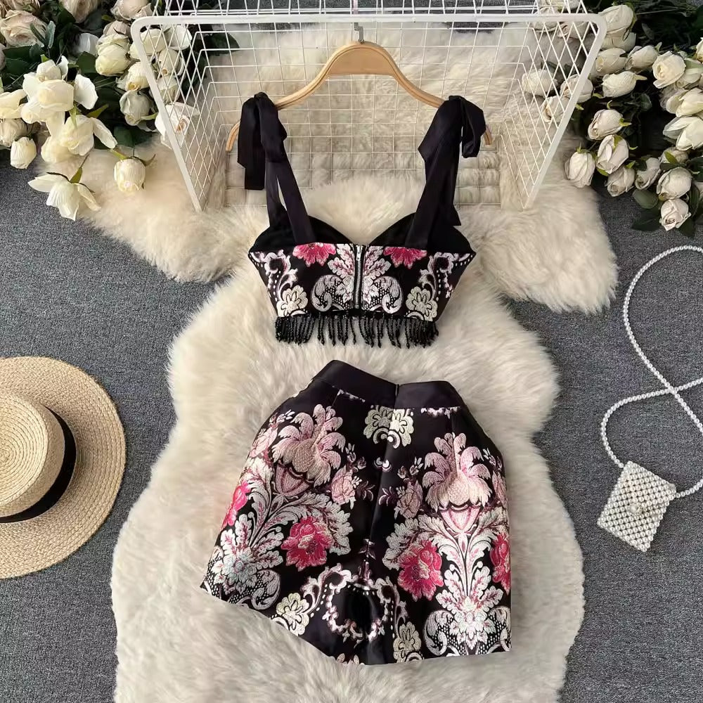 Spring & Summer Retro Printing Strappy Fringed Women's Two-Piece Suit - Harmony Gallery