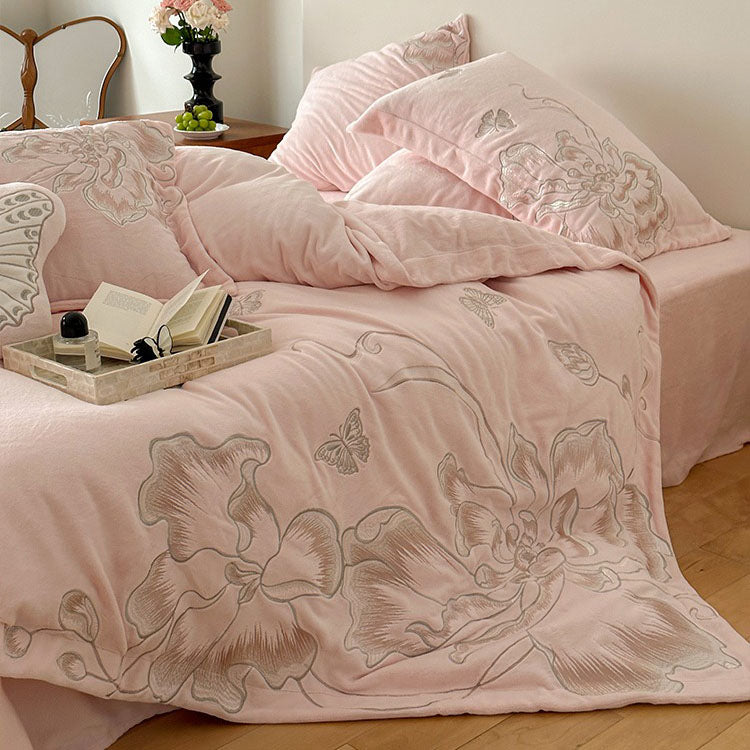 Heart Butterfly Embroidery Warm Coral Velvet Four-Piece Bed Set
