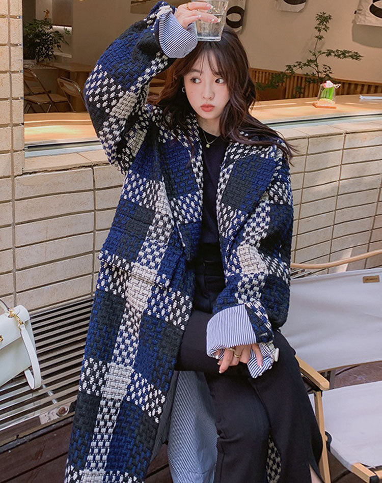 Blue plaid wool top coat