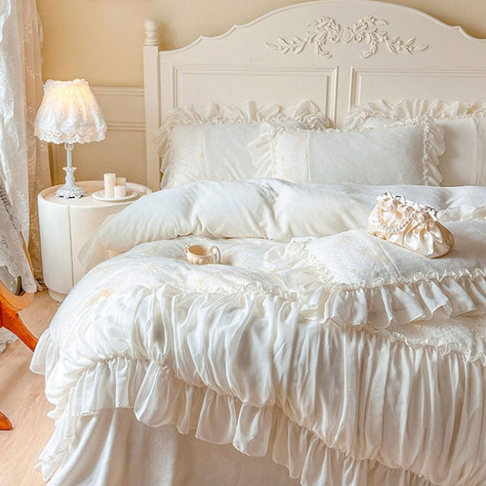 Princess Pleated Lace Winter Coral Velvet Warm Four-Piece Bed Set - Harmony Gallery