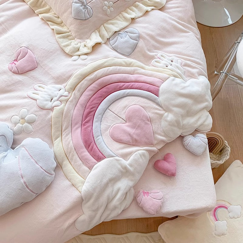 Princess Rainbow Heart Cartoon Cute Coral Velvet Four-Piece Bed Set