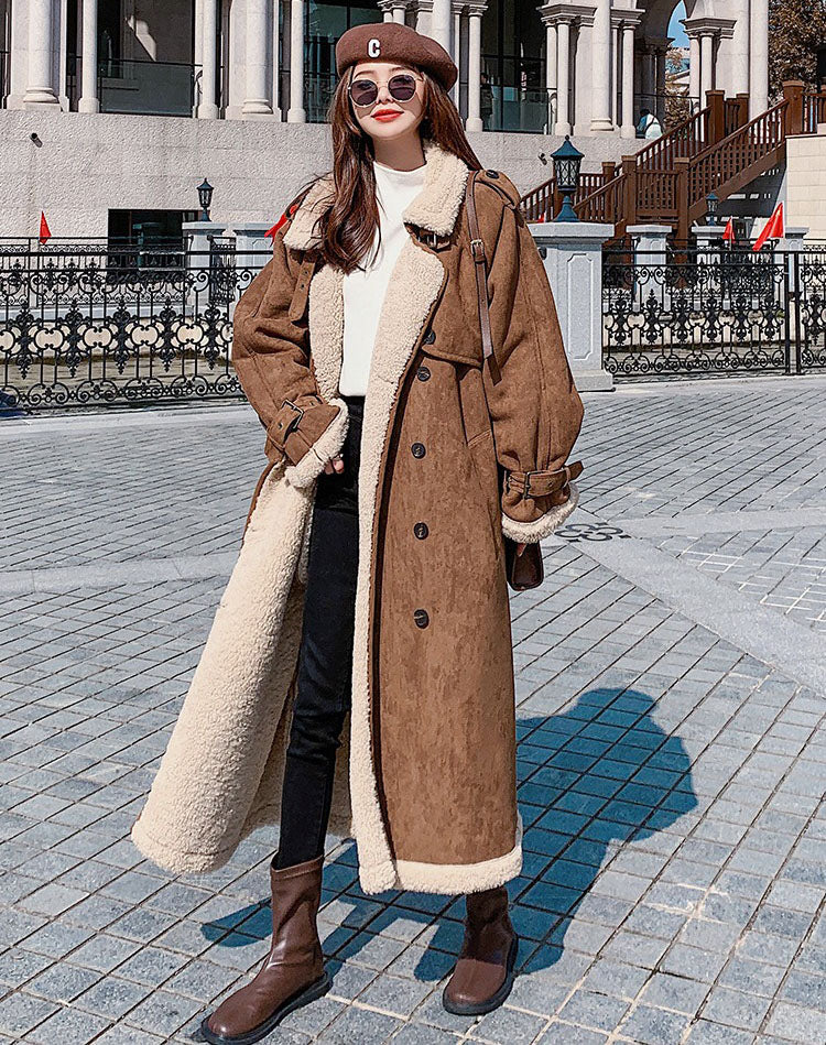 Suede Lamb Wool Cotton Winter Long Fur Integrated Women's Coat - Harmony Gallery