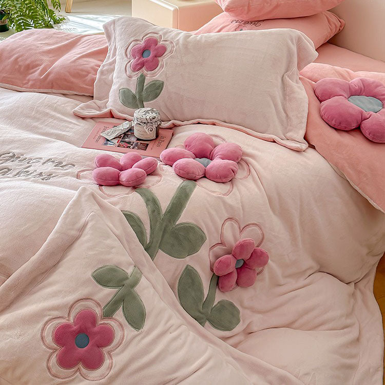 Girly Heart Flower Double-Sided Velvet Warm Four-Piece Bed Set - Harmony Gallery