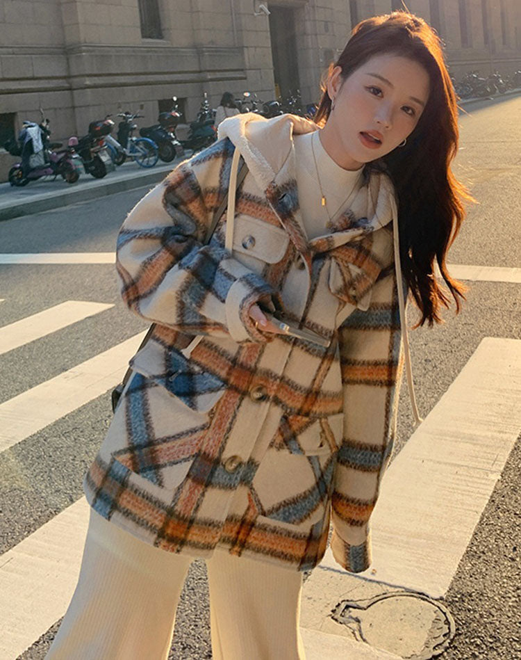 Plaid Hooded Woolen Winter Petite College Thickened Women s Coat