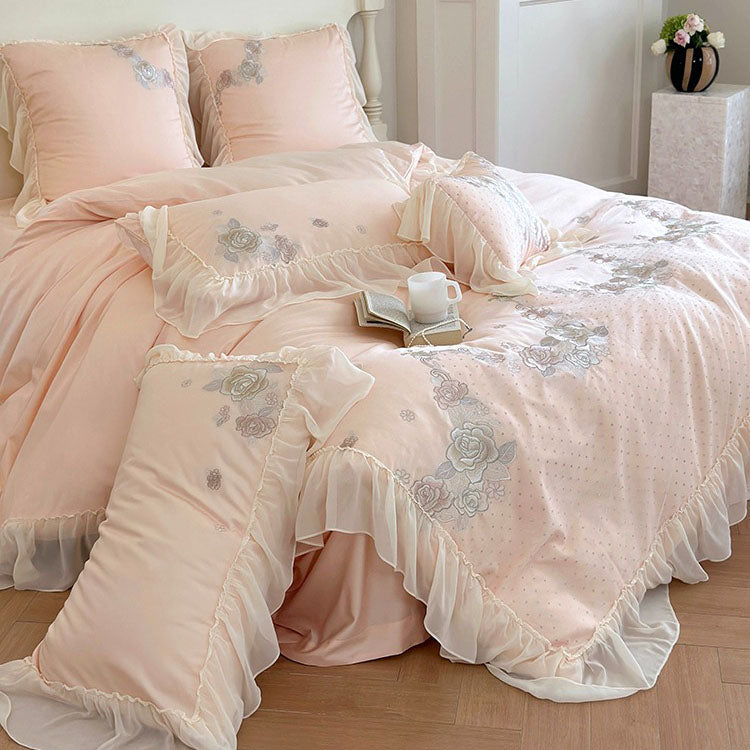 French Princess Cotton Floral Embroidery And Ruffles Four-Piece Bed Set - Harmony Gallery