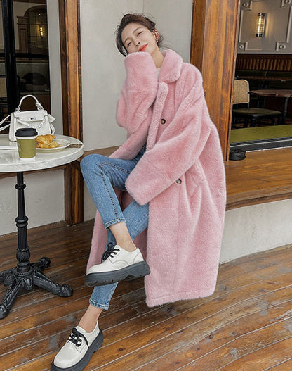 Pink Fur One-Piece Mink Velvet Hot Thickened Plush Women's Coat