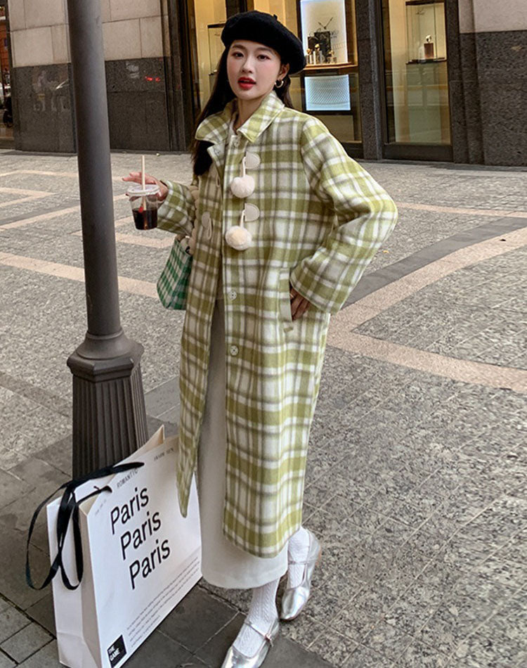 Green Retro Plaid Woolen High-End Thickened Mid-Length Women's Coat - Harmony Gallery