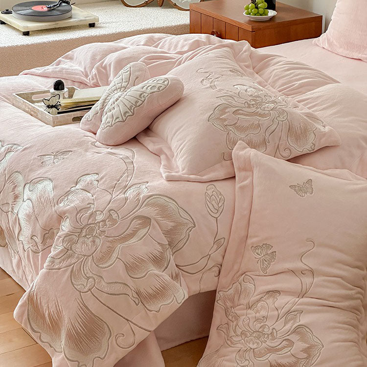 Heart Butterfly Embroidery Warm Coral Velvet Four-Piece Bed Set