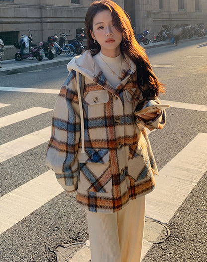 Plaid Hooded Woolen Winter Petite College Thickened Women's Coat