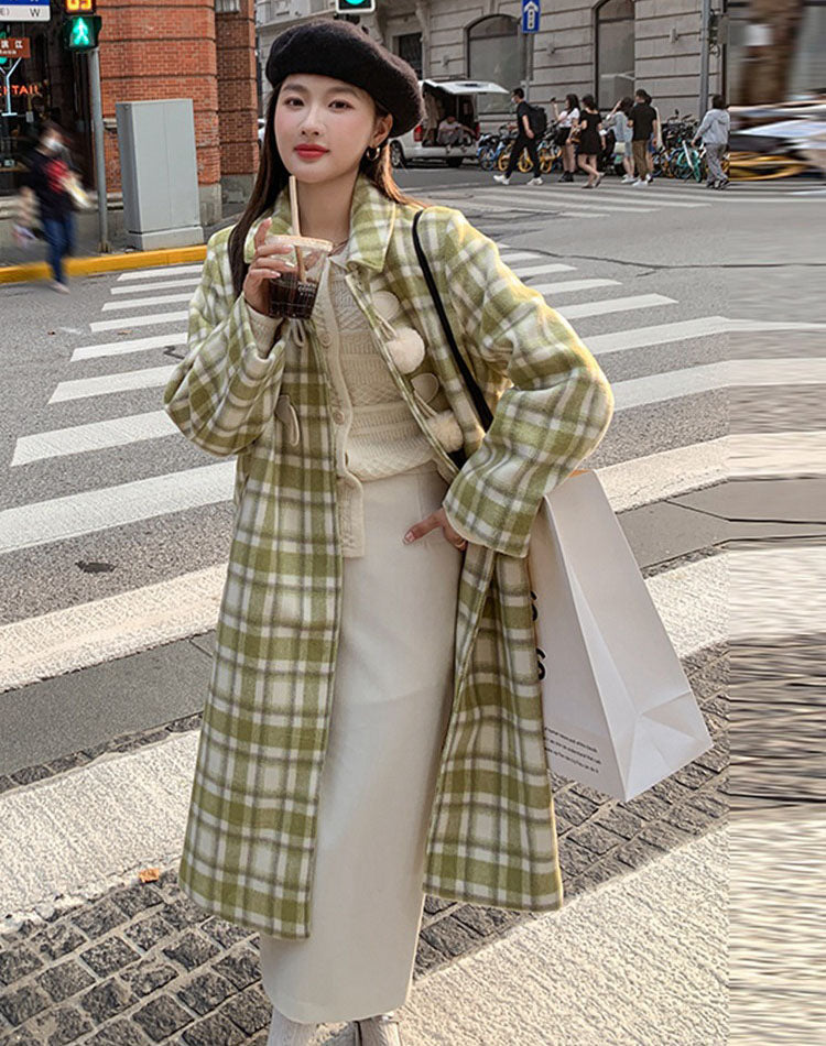 Green Retro Plaid Woolen High-End Thickened Mid-Length Women's Coat