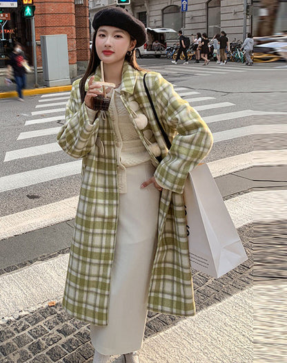 Green Retro Plaid Woolen High-End Thickened Mid-Length Women's Coat