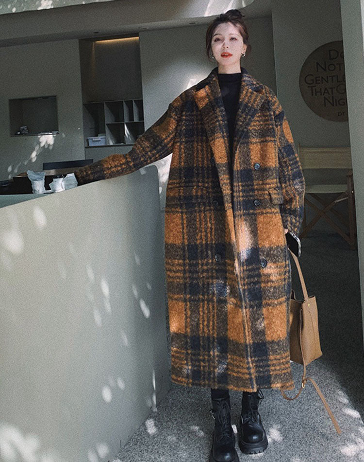 Retro Plaid Woolen Tartan Winter Thickened High-End Women's Coat - Harmony Gallery