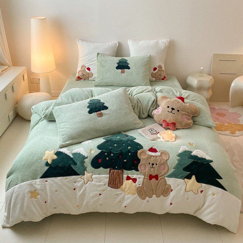 Christmas And Winter Four-Piece Coral Velvet Cute Cartoon Bed Set