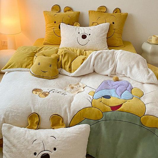 Winnie The Pooh Thickened Coral Velvet Winter Four-Piece Bed Set - Harmony Gallery