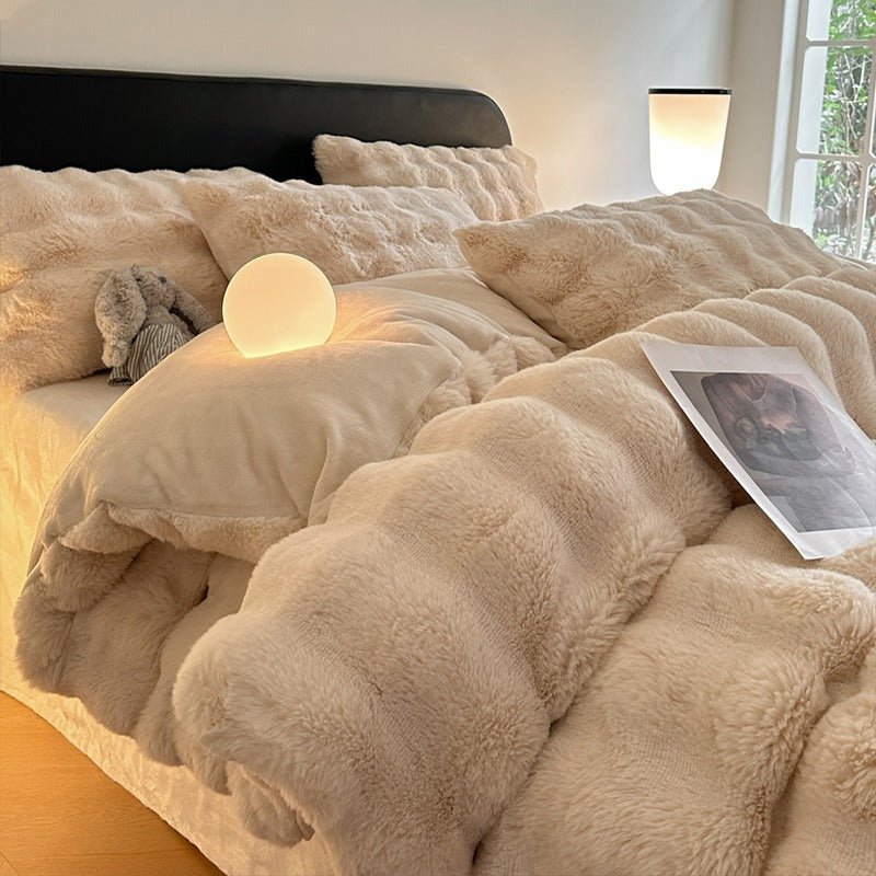 Rabbit Winter Warm Coral Flannel Velvet Four-Piece Bed Set - Harmony Gallery