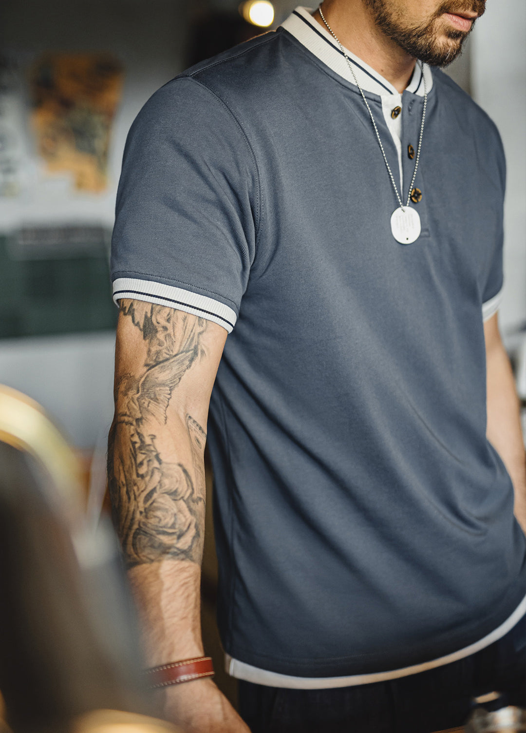 American Retro Henry Shirt Heavy Gray Blue Contrast Color Men's T-Shirt - Harmony Gallery