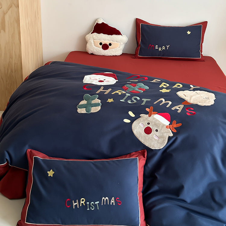 Winter Santa Claus Thickened All-Cotton Brushed Warm Four-Piece Bed Set