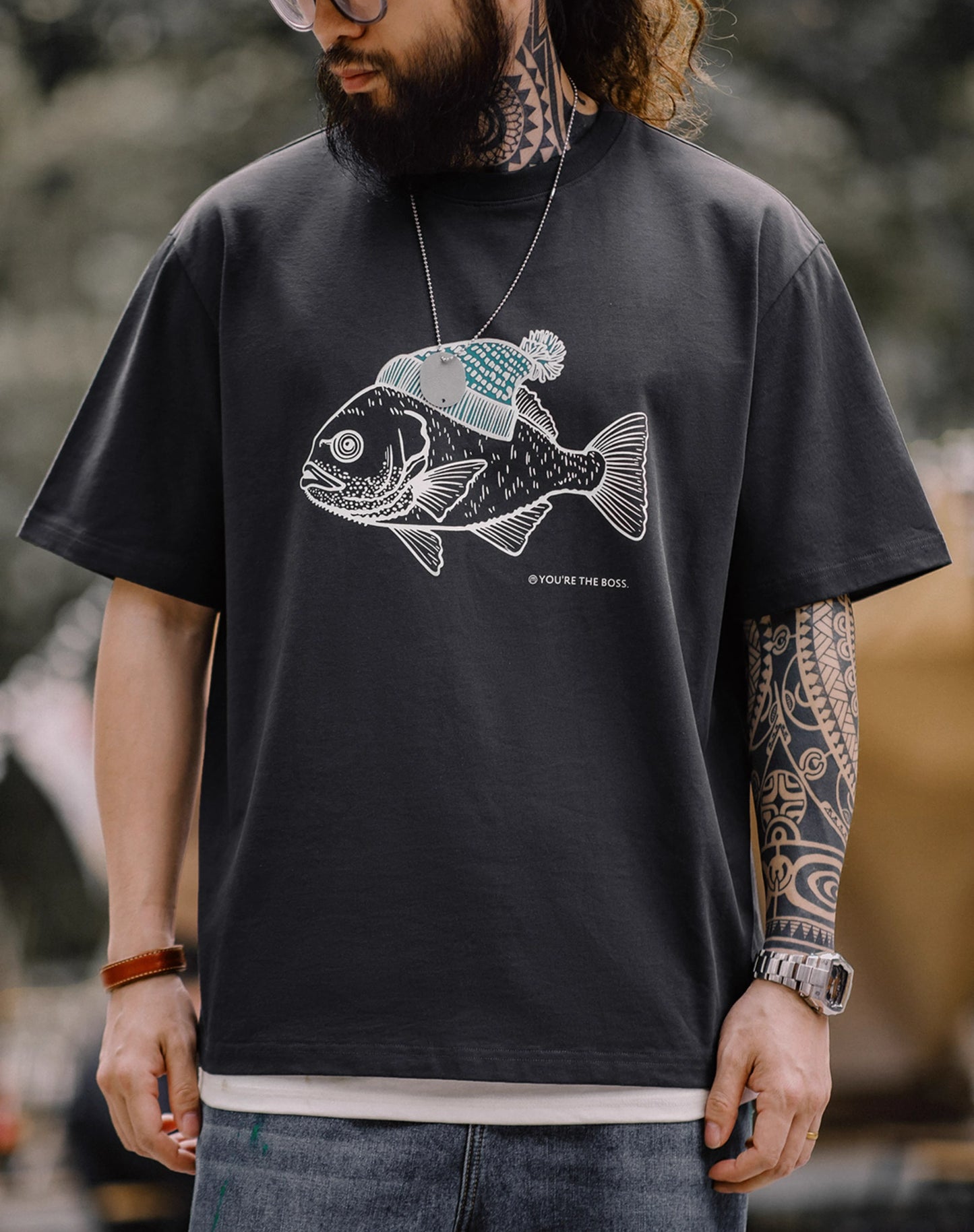 American Retro Deep Sea Fish Flocking Print Animal Men's T-Shirt - Harmony Gallery