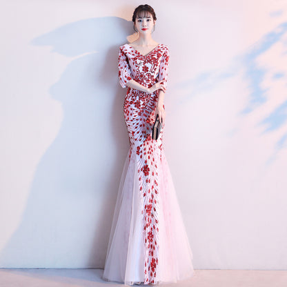 Stunning Red and White Floral Embroidered Mermaid Gown with V-Neck - Harmony Gallery