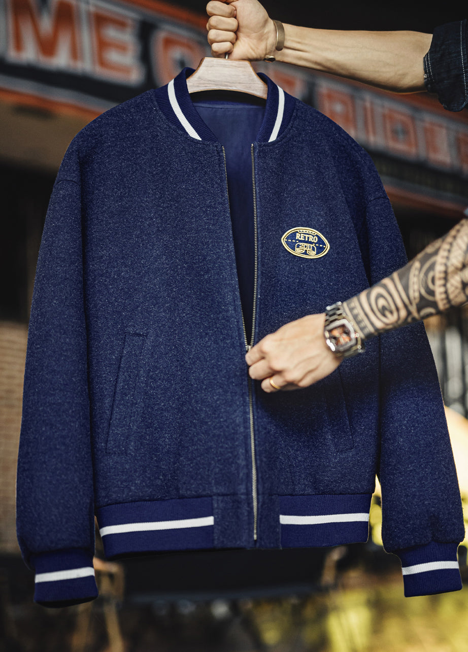 American Retro Blue Knit Baseball With Embroidered Daily Men's Jacket - Harmony Gallery