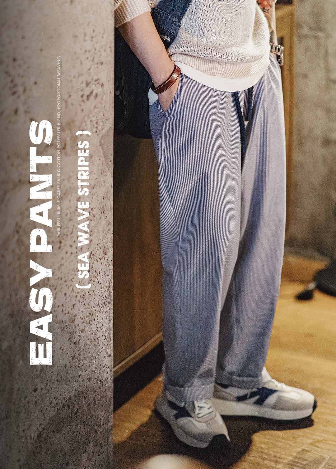 American Easy Pants Seersucker strijkvrije herenbroek met elastische taille