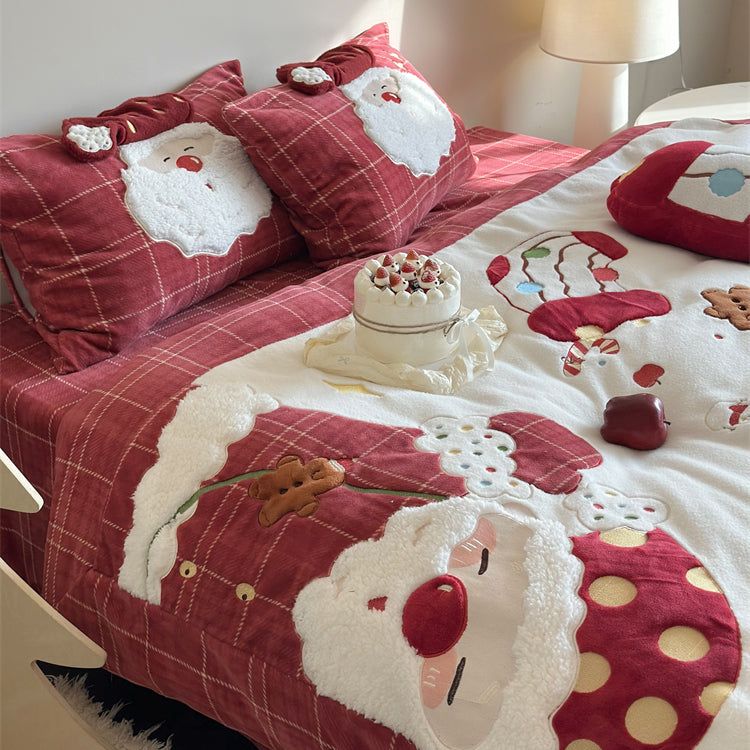 Christmas Wool Milk Velvet Four-Piece Winter Thick Warm Bed Set