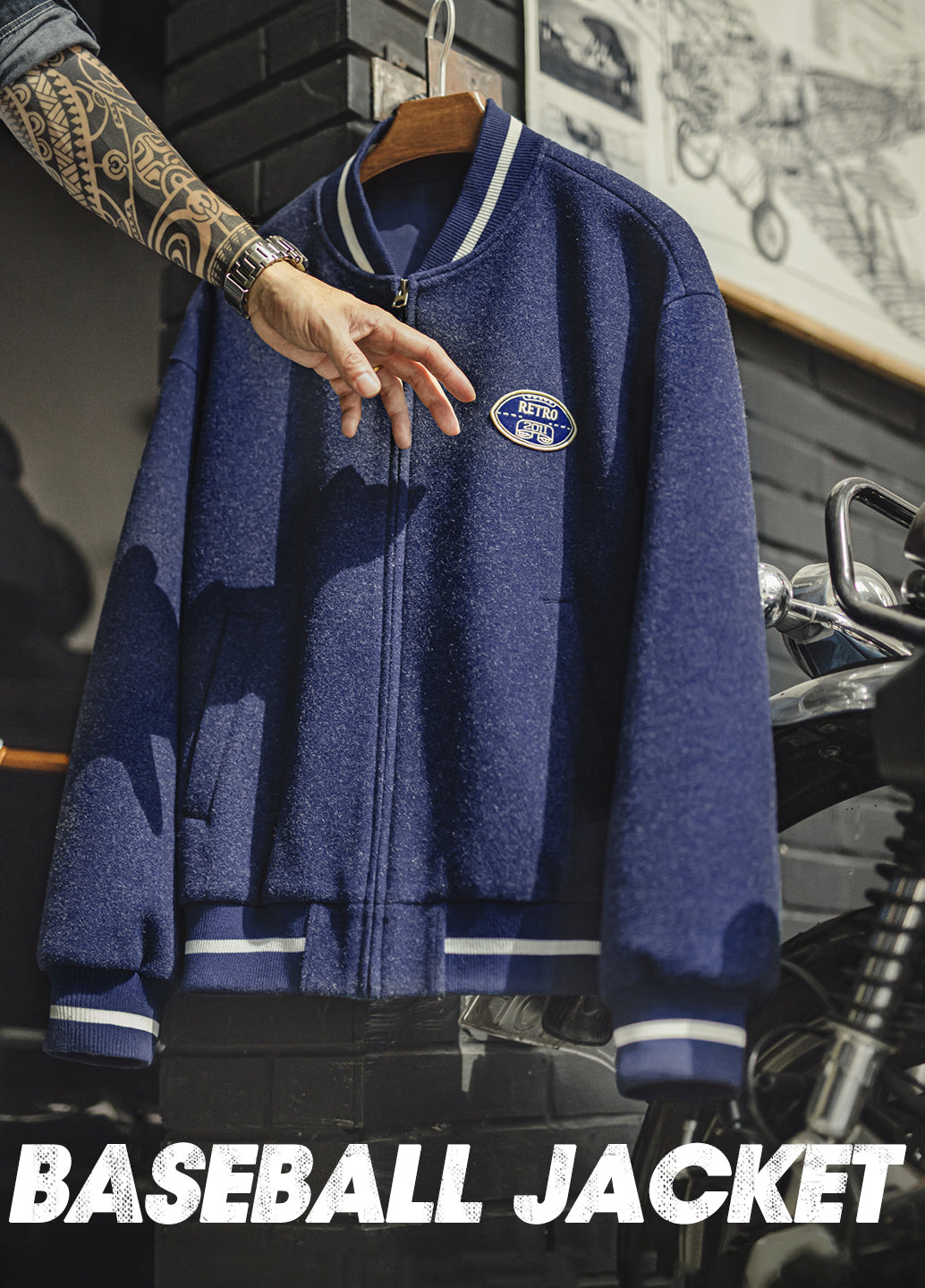 American Retro Blue Knit Baseball With Embroidered Daily Men's Jacket - Harmony Gallery