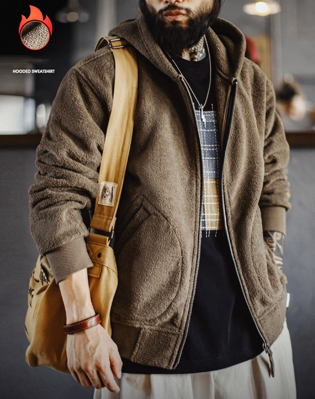 American Retro Fleece Cardigan Hoodie Thickened Warm Fleece Men's Jacket